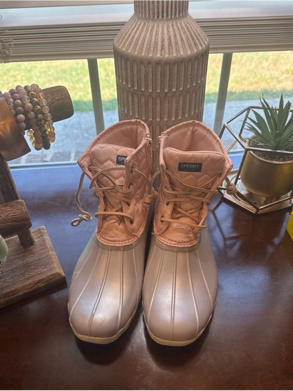 Sperry Women's Pink and Silver Quilted Duck Boots